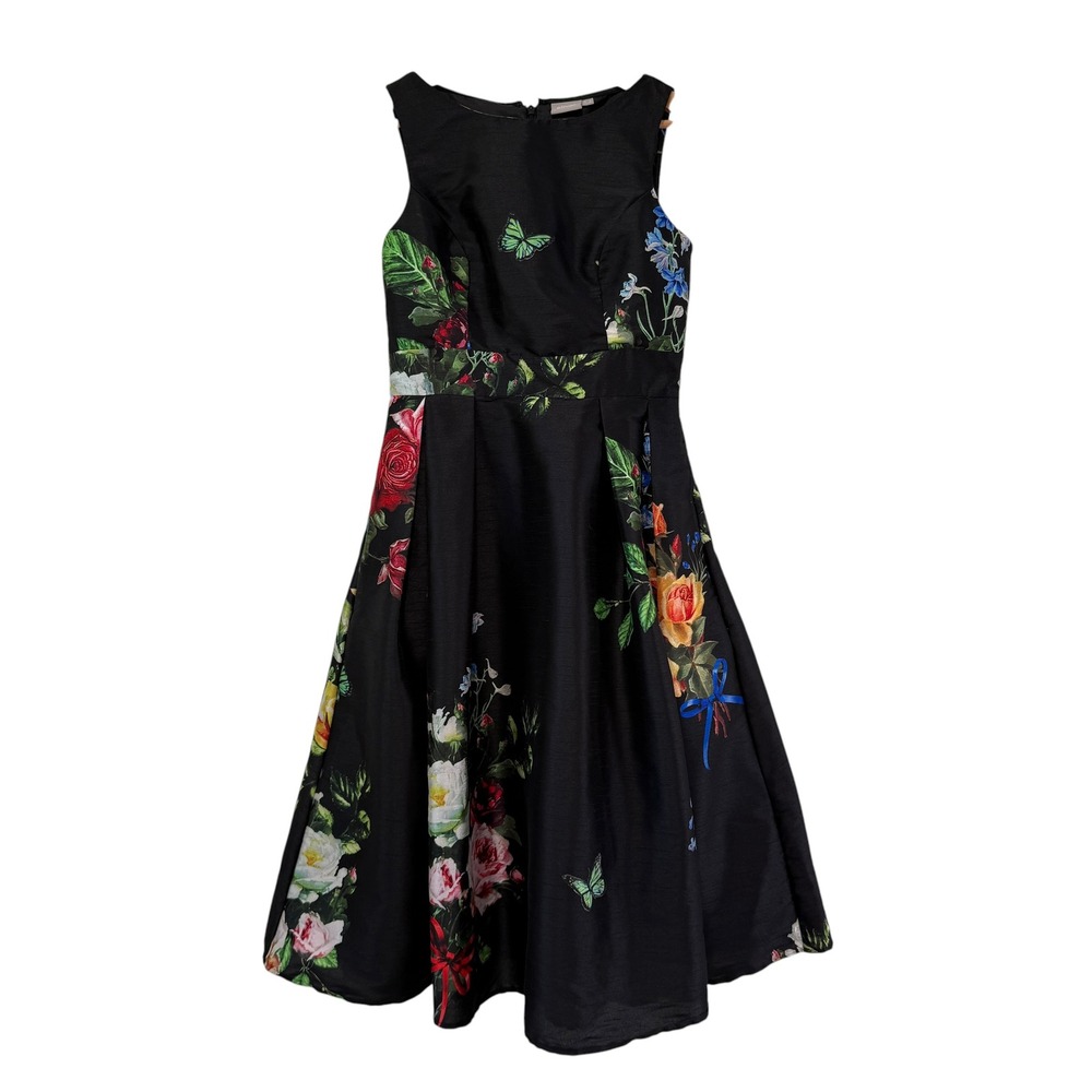 eShakti Romantic Floral Butterfly Fit and Flare Dress 6 Black Sleeveless Pockets - Picture 2 of 11